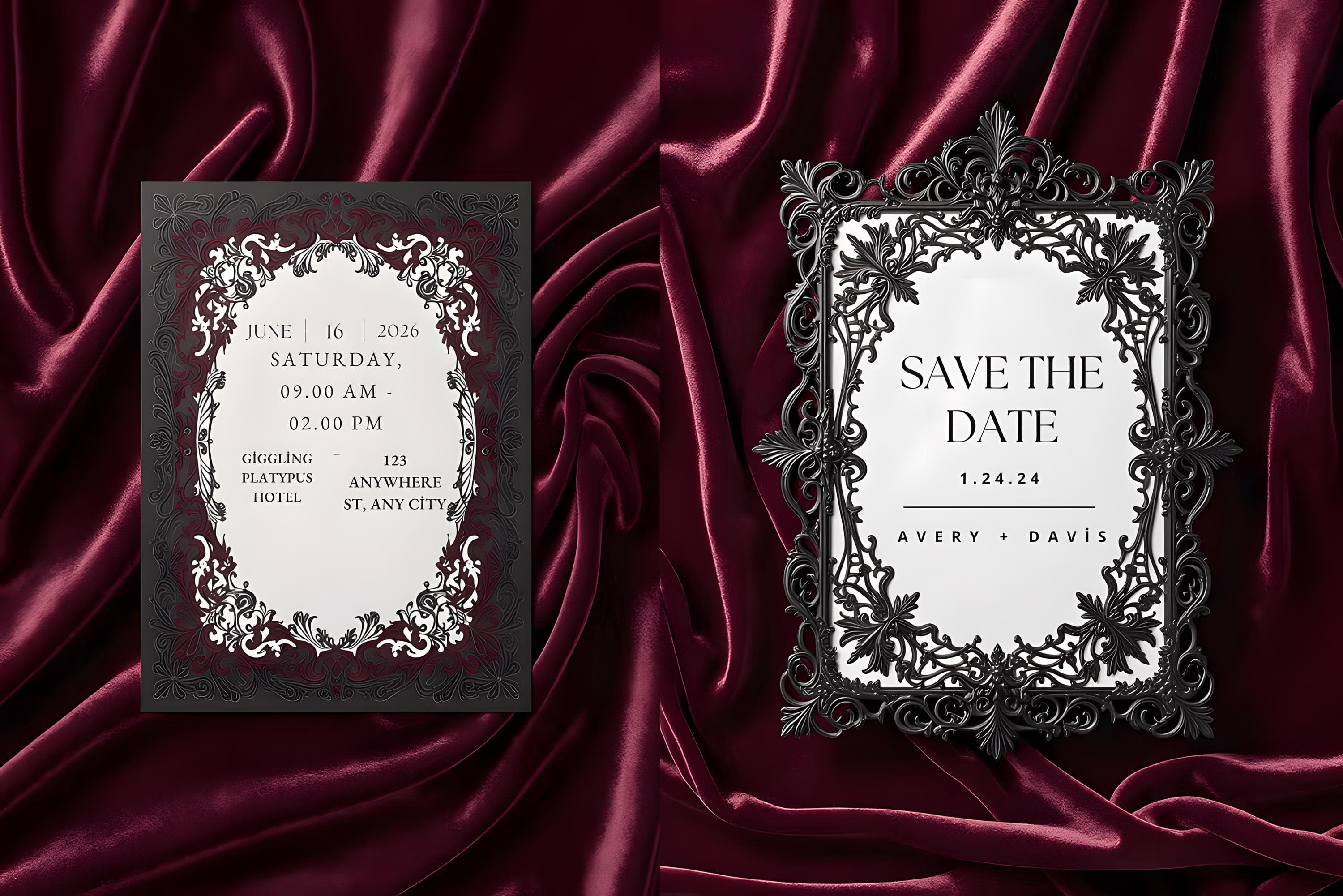 Gothic Wedding Invitation Mockup | Dark Victorian Wedding Invite PSD | Printable Gothic Wedding Card | Elegant Invitation Display - view 2